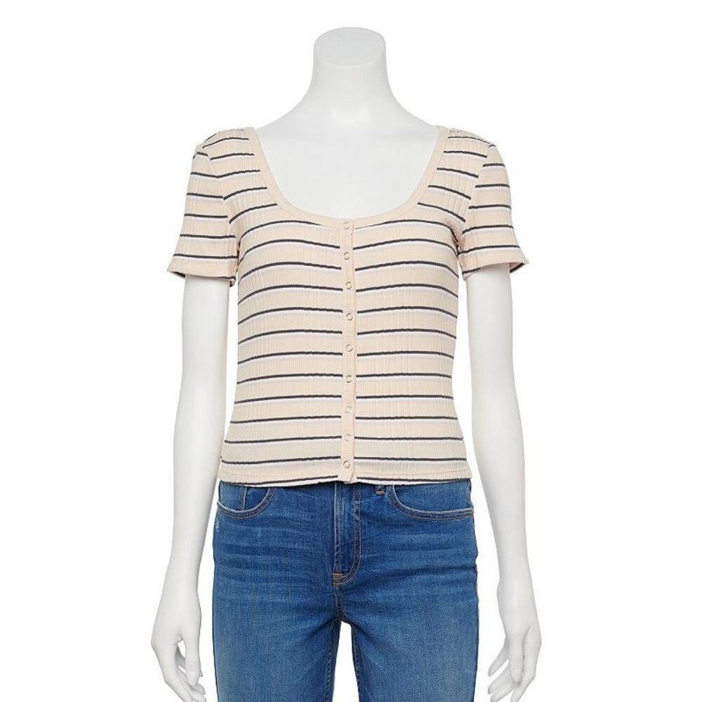 Striped Ribbed Button-Front Short Sleeve Crop Top XS By So Beige/Black